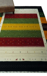 Tribal Gabbeh Green, Gold, Ivory, Maroon and Black Stripes design Traditional Hand loom Wool Area Rug