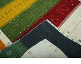 Tribal Gabbeh Green, Gold, Ivory, Maroon and Black Stripes design Traditional Hand loom Wool Area Rug