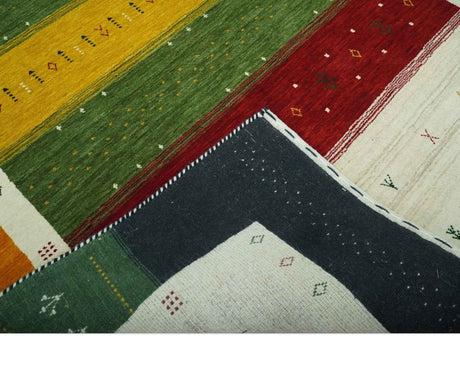Tribal Gabbeh Green, Gold, Ivory, Maroon and Black Stripes design Traditional Hand loom Wool Area Rug