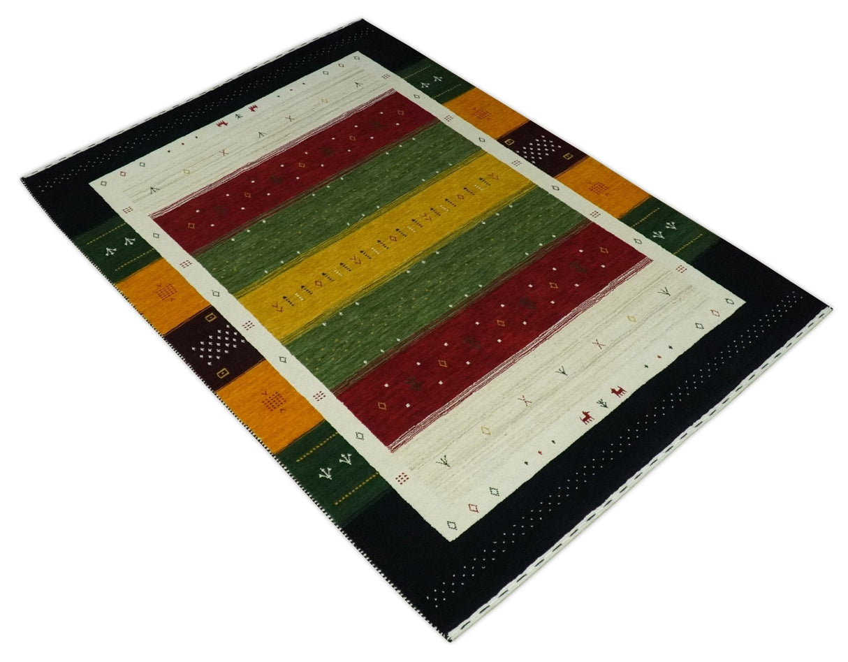 Tribal Gabbeh Green, Gold, Ivory, Maroon and Black Stripes design Traditional Hand loom Wool Area Rug