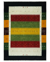 Tribal Gabbeh Green, Gold, Ivory, Maroon and Black Stripes design Traditional Hand loom Wool Area Rug