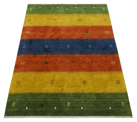 Tribal Gabbeh Green, Gold, Rust and Blue Stripes Design Multi Size Wool area Rug
