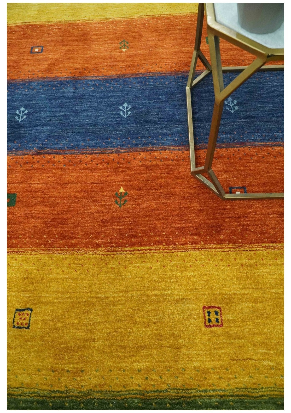 Tribal Gabbeh Green, Gold, Rust and Blue Stripes Design Multi Size Wool area Rug