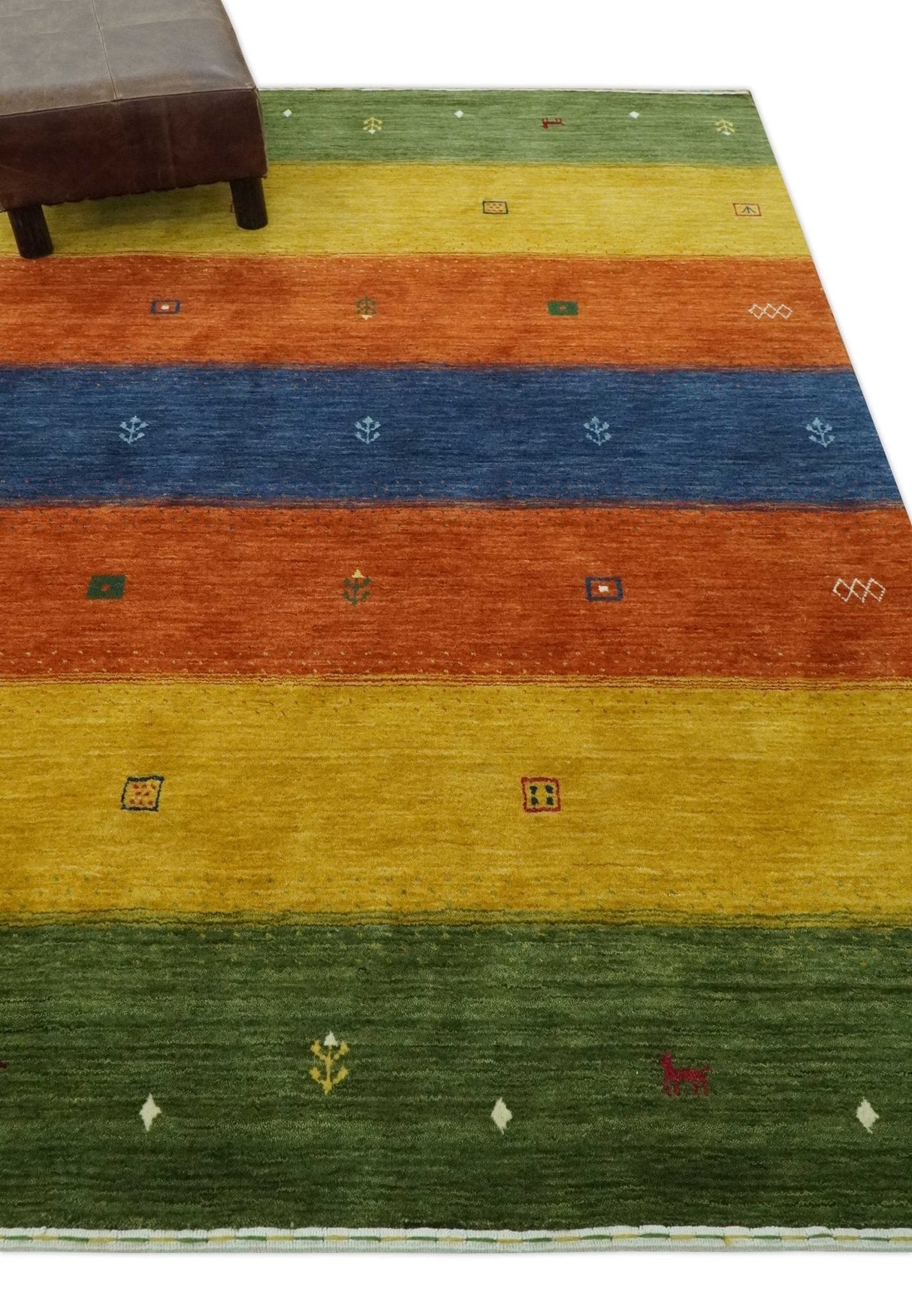 Tribal Gabbeh Green, Gold, Rust and Blue Stripes Design Multi Size Wool area Rug
