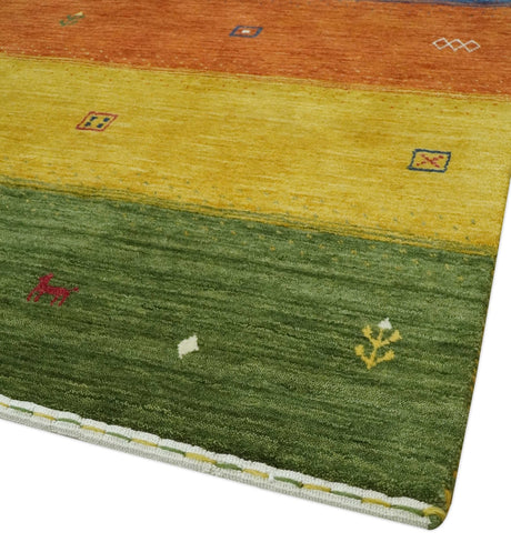 Tribal Gabbeh Green, Gold, Rust and Blue Stripes Design Multi Size Wool area Rug