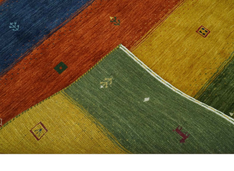 Tribal Gabbeh Green, Gold, Rust and Blue Stripes Design Multi Size Wool area Rug