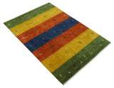 Tribal Gabbeh Green, Gold, Rust and Blue Stripes Design Multi Size Wool area Rug