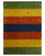 Tribal Gabbeh Green, Gold, Rust and Blue Stripes Design Multi Size Wool area Rug
