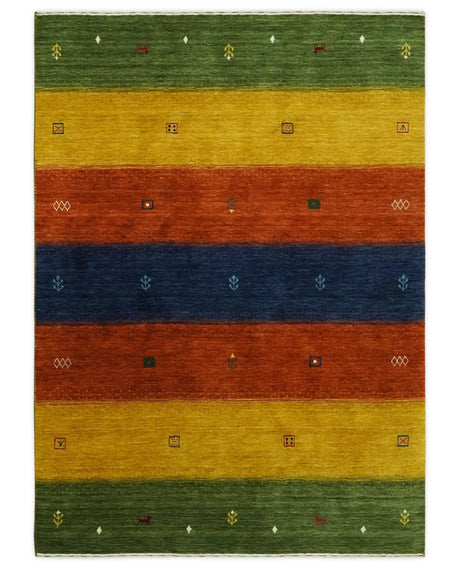 Tribal Gabbeh Green, Gold, Rust and Blue Stripes Design Multi Size Wool area Rug