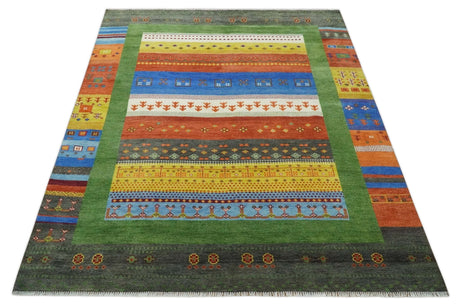 Tribal Gabbeh Green, Rust, Blue and Gold Hand knotted Antique Style Traditional Wool Area Rug