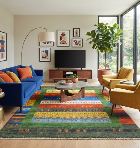 Tribal Gabbeh Green, Rust, Blue and Gold Hand knotted Antique Style Traditional Wool Area Rug