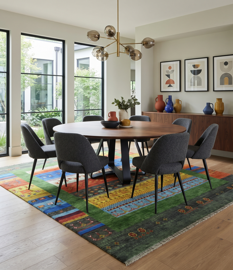 Tribal Gabbeh Green, Rust, Blue and Gold Hand knotted Antique Style Traditional Wool Area Rug