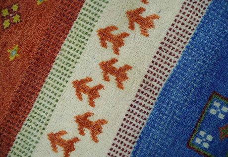 Tribal Gabbeh Green, Rust, Blue and Gold Hand knotted Antique Style Traditional Wool Area Rug