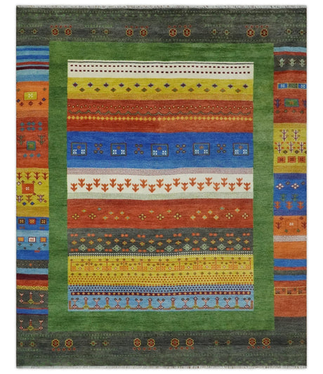 Tribal Gabbeh Green, Rust, Blue and Gold Hand knotted Antique Style Traditional Wool Area Rug