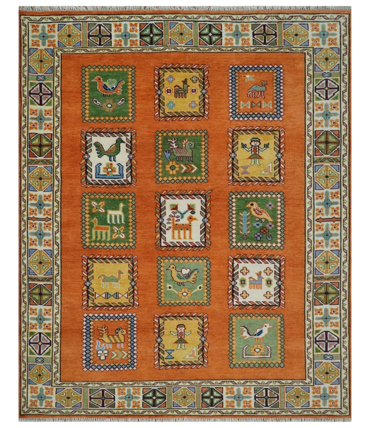 Tribal Gabbeh Rust, Ivory, Green and Beige Hand knotted Multi Size Antique Look Traditional Wool Area Rug