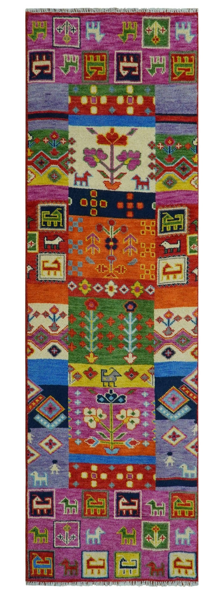 Tribal Gabbeh Rust, Ivory, Green and Pink Hand knotted Antique Look Traditional Wool Area Rug