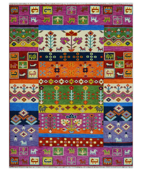 Tribal Gabbeh Rust, Ivory, Green and Pink Hand knotted Antique Look Traditional Wool Area Rug