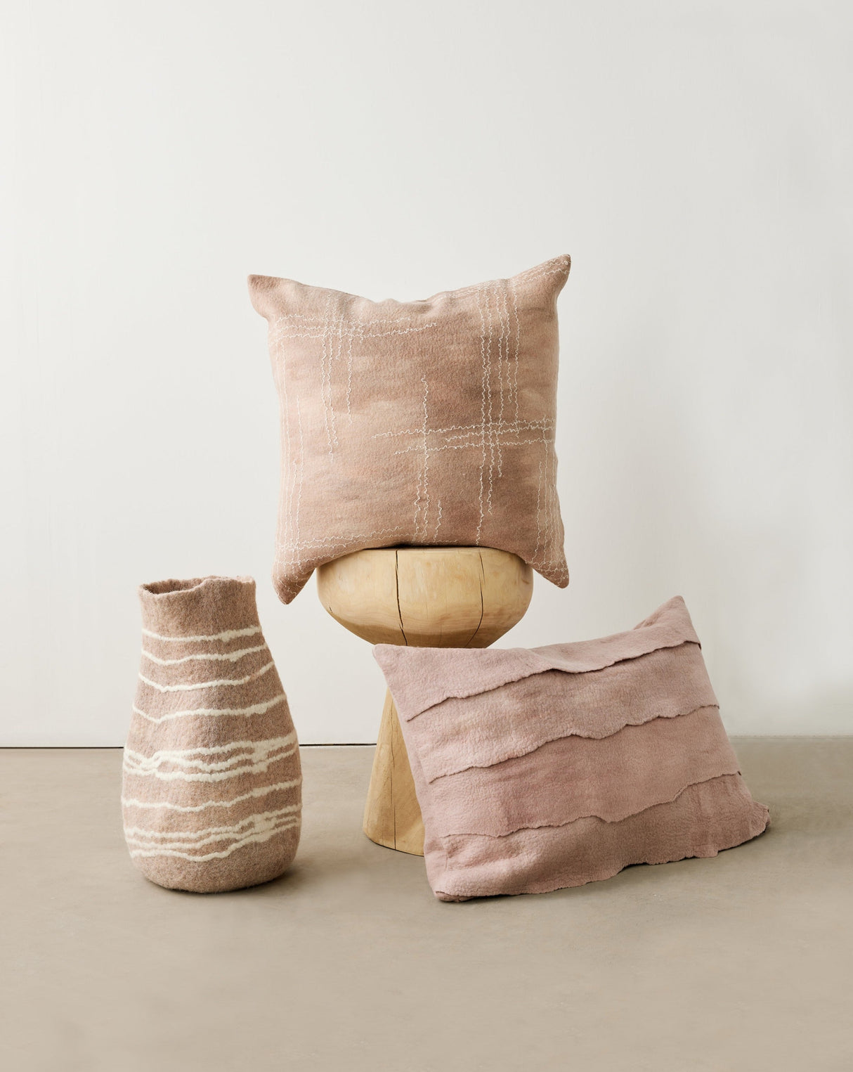 Tribal Lines Dusty Rose Pink Wool Gourd Basket-Baskets & Vessels-Parc Decor