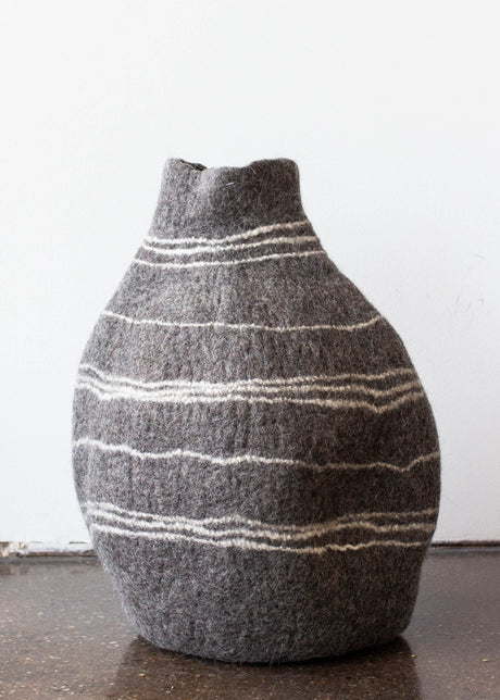Tribal Lines Grey Hand-Felted Wool Gourd Basket-Baskets-Parc Decor