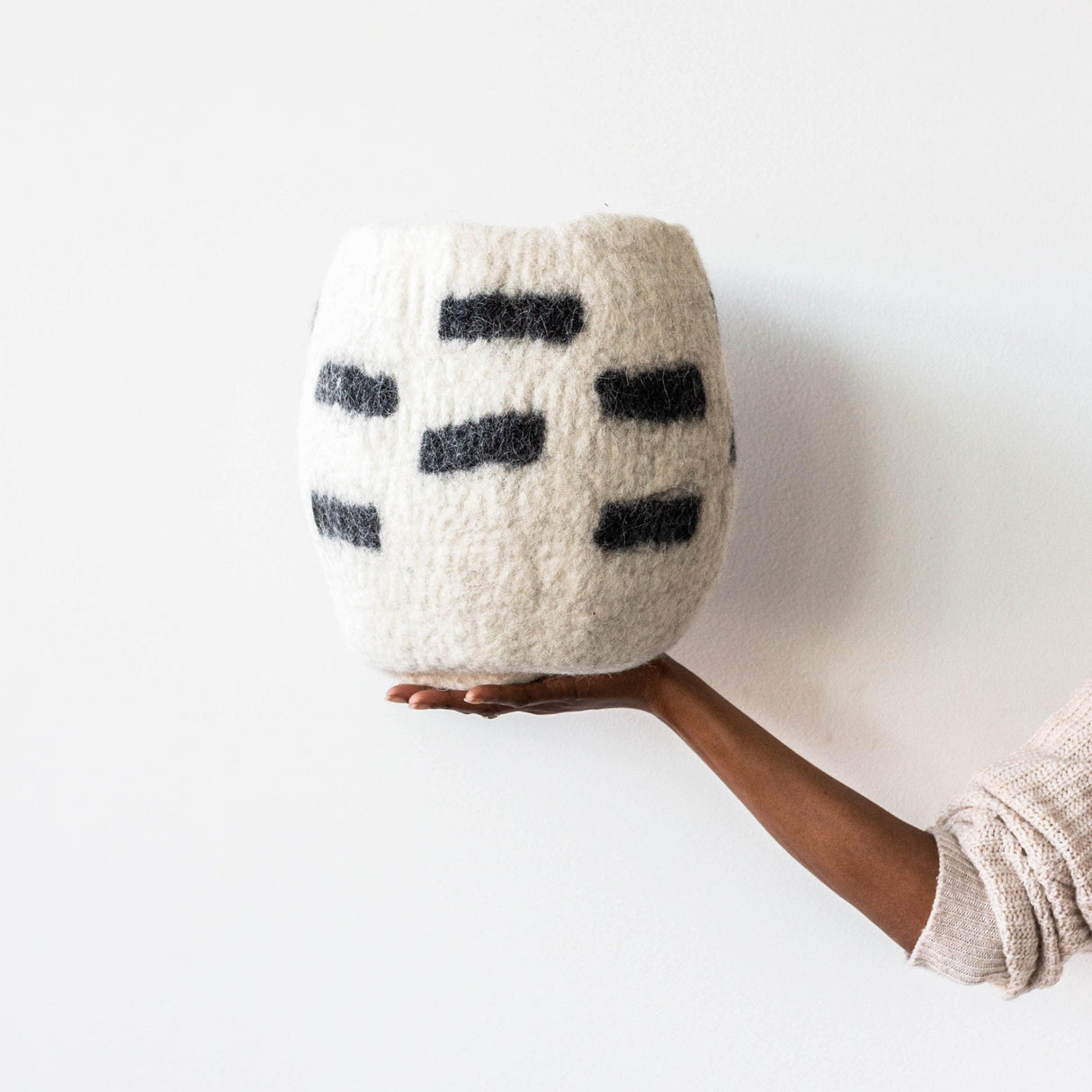 Tribal Repeat Black and Ivory Wool Storage Basket-Baskets & Vessels-Parc Decor