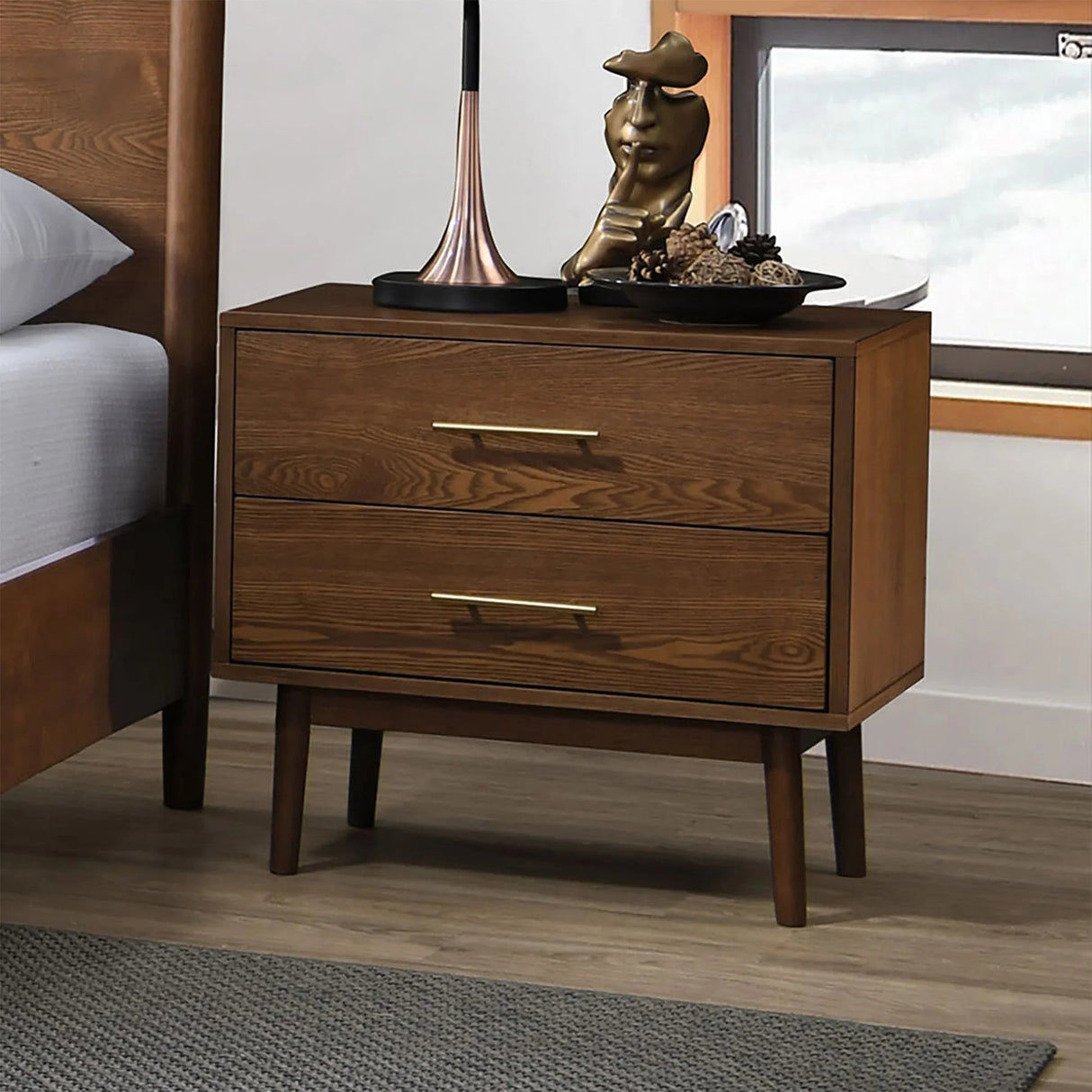Tromso Mid-Century Modern 23" Walnut Nightstand with 2-Drawer and Round Tapered Legs-床头柜-Parc Decor