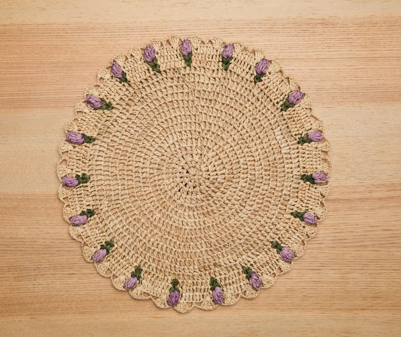 Tulip Floral Placemat – Hand-Crocheted Raffia – Spring Table Decor – Easter Table Setting – Handmade by Artisans in Madagascar-table tops-Parc Decor