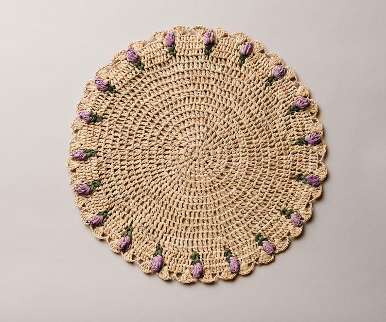 Tulip Floral Placemat – Hand-Crocheted Raffia – Spring Table Decor – Easter Table Setting – Handmade by Artisans in Madagascar-table tops-Parc Decor