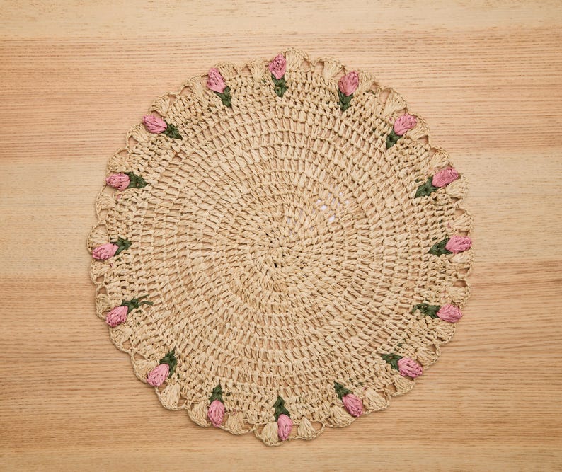 Tulip Floral Placemats – Hand-Crocheted Raffia Palm Floral Placemats – Spring Table Decor-table tops-Parc Decor