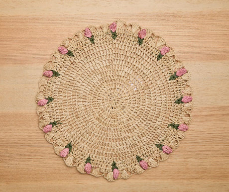 Tulip Floral Placemats – Hand-Crocheted Raffia Palm Floral Placemats – Spring Table Decor-table tops-Parc Decor