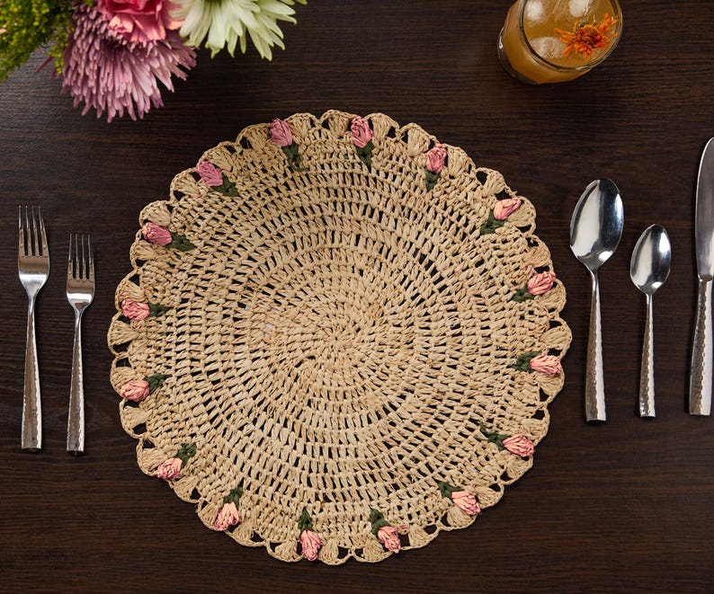 Tulip Floral Placemats – Hand-Crocheted Raffia Palm Floral Placemats – Spring Table Decor-table tops-Parc Decor