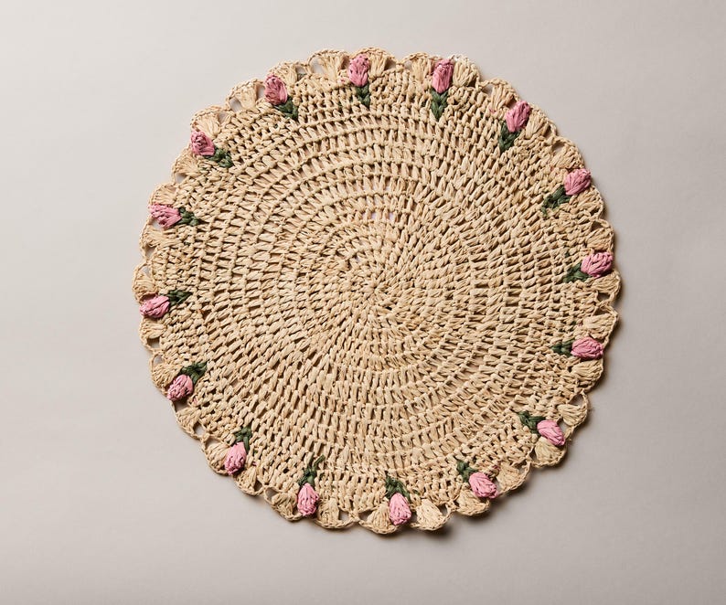 Tulip Floral Placemats – Hand-Crocheted Raffia Palm Floral Placemats – Spring Table Decor-table tops-Parc Decor