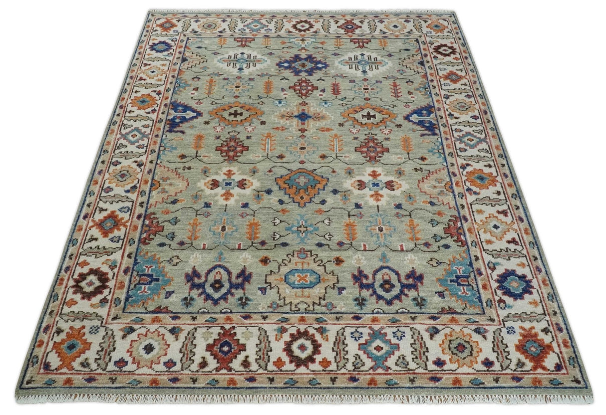 Turkish Knot Antique Green and Ivory Traditional Hand knotted Wool Rug
