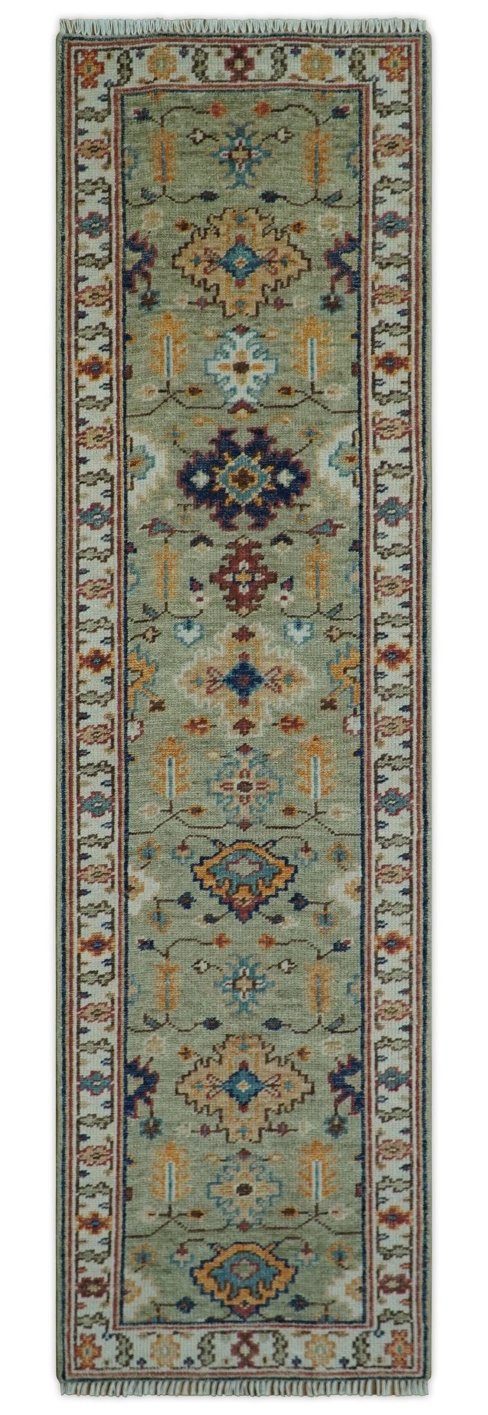 Turkish Knot Antique Green and Ivory Traditional Hand knotted Wool Rug