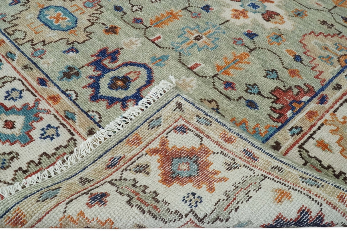 Turkish Knot Antique Green and Ivory Traditional Hand knotted Wool Rug