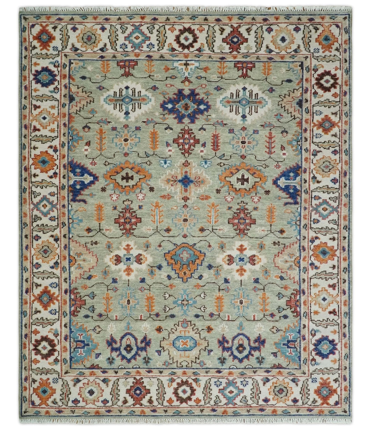 Turkish Knot Antique Green and Ivory Traditional Hand knotted Wool Rug