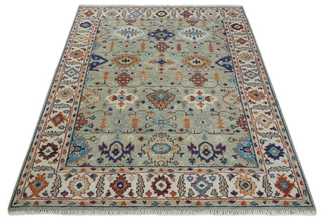 Turkish Knot Antique Green and Ivory Traditional Multi Size Hand knotted Oushak Rug