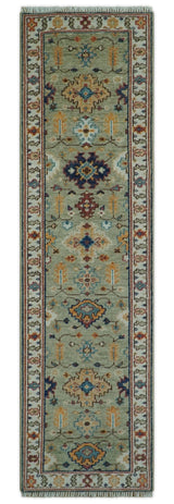 Turkish Knot Antique Green and Ivory Traditional Multi Size Hand knotted Oushak Rug