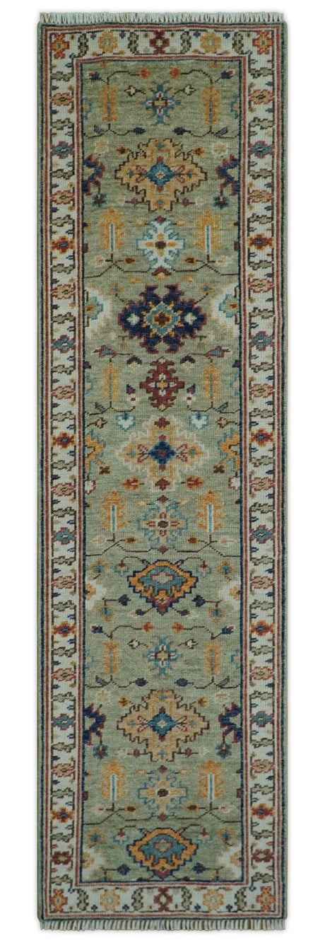 Turkish Knot Antique Green and Ivory Traditional Multi Size Hand knotted Oushak Rug