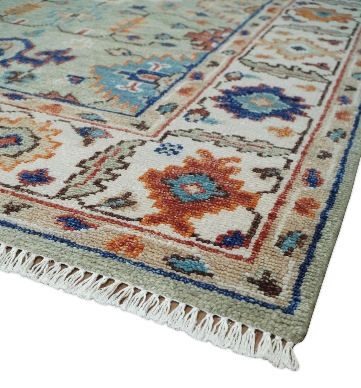 Turkish Knot Antique Green and Ivory Traditional Multi Size Hand knotted Oushak Rug