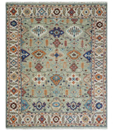 Turkish Knot Antique Green and Ivory Traditional Multi Size Hand knotted Oushak Rug