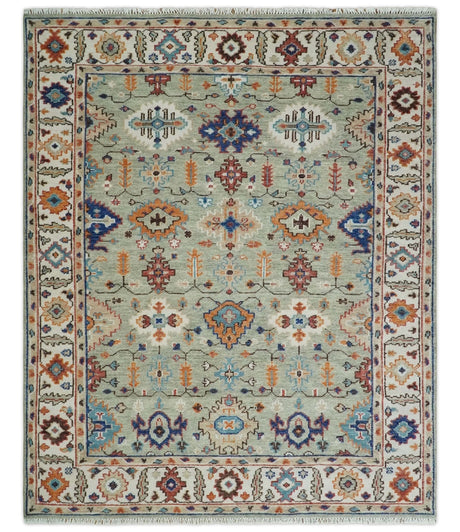 Turkish Knot Antique Green and Ivory Traditional Multi Size Hand knotted Oushak Rug
