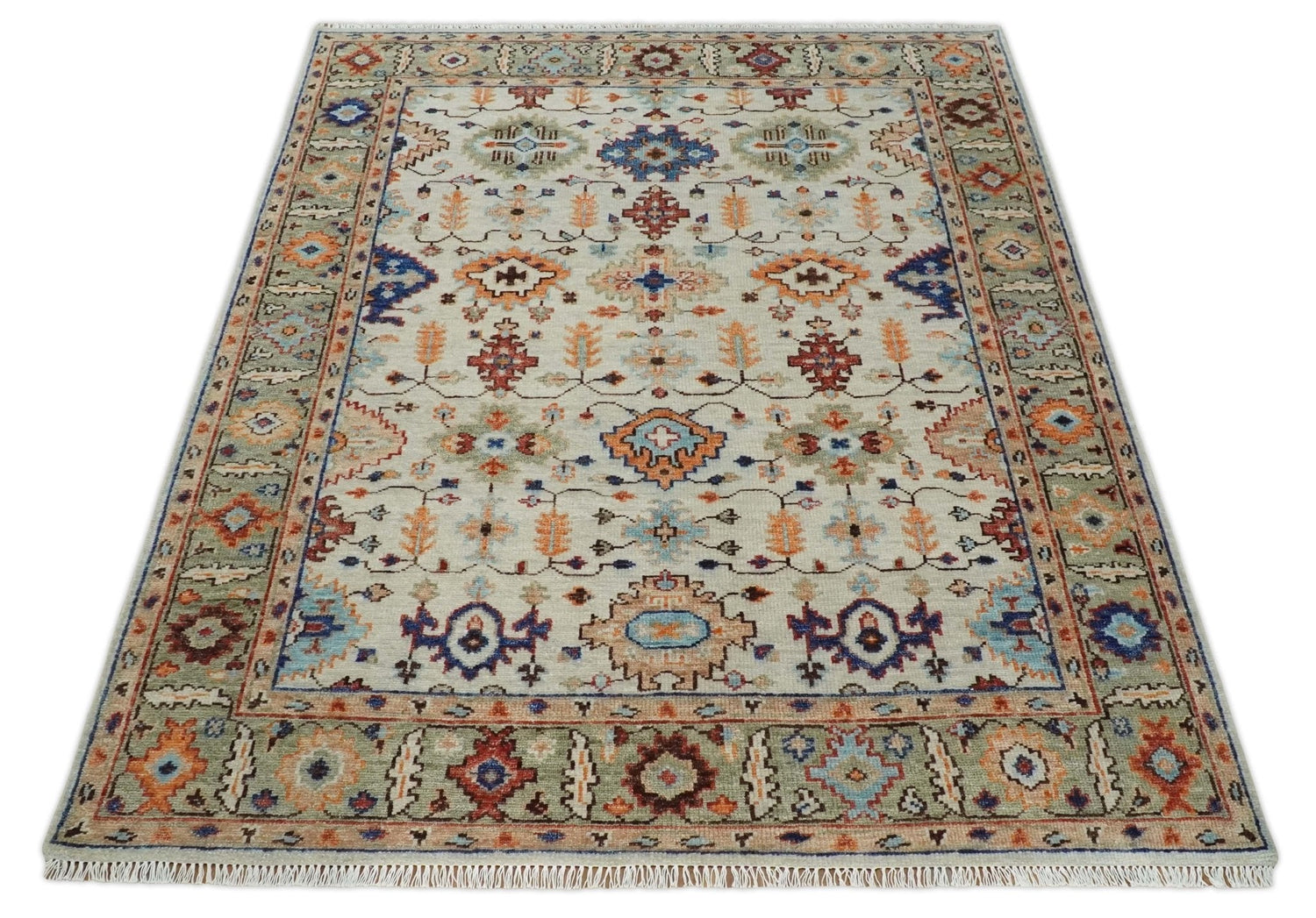 Turkish Knot Ivory and Green Colorful Traditional Multi Size Hand knotted Oushak Rug