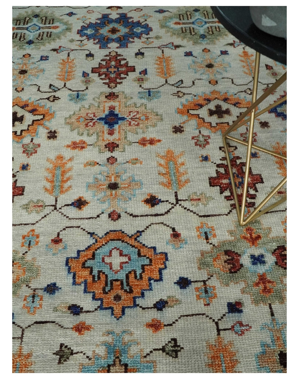 Turkish Knot Ivory and Green Colorful Traditional Multi Size Hand knotted Oushak Rug