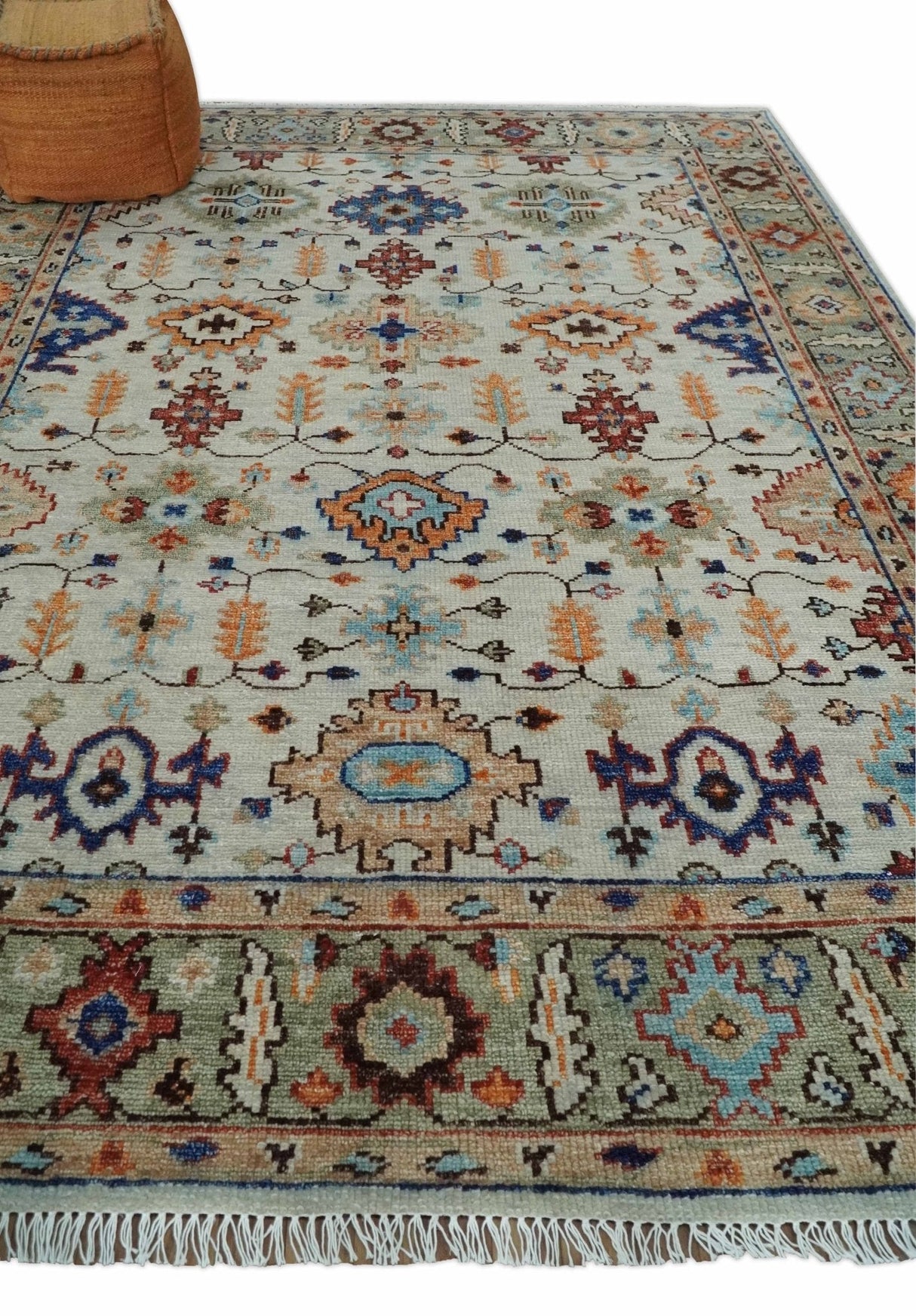 Turkish Knot Ivory and Green Colorful Traditional Multi Size Hand knotted Oushak Rug