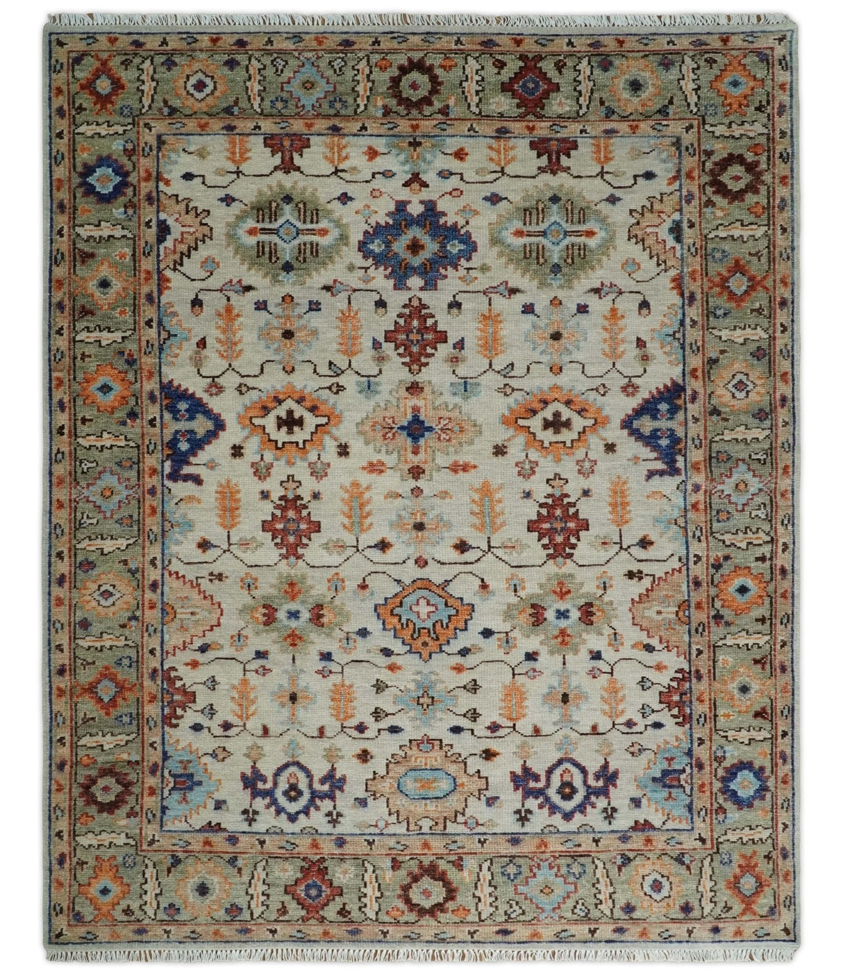 Turkish Knot Ivory and Green Colorful Traditional Multi Size Hand knotted Oushak Rug