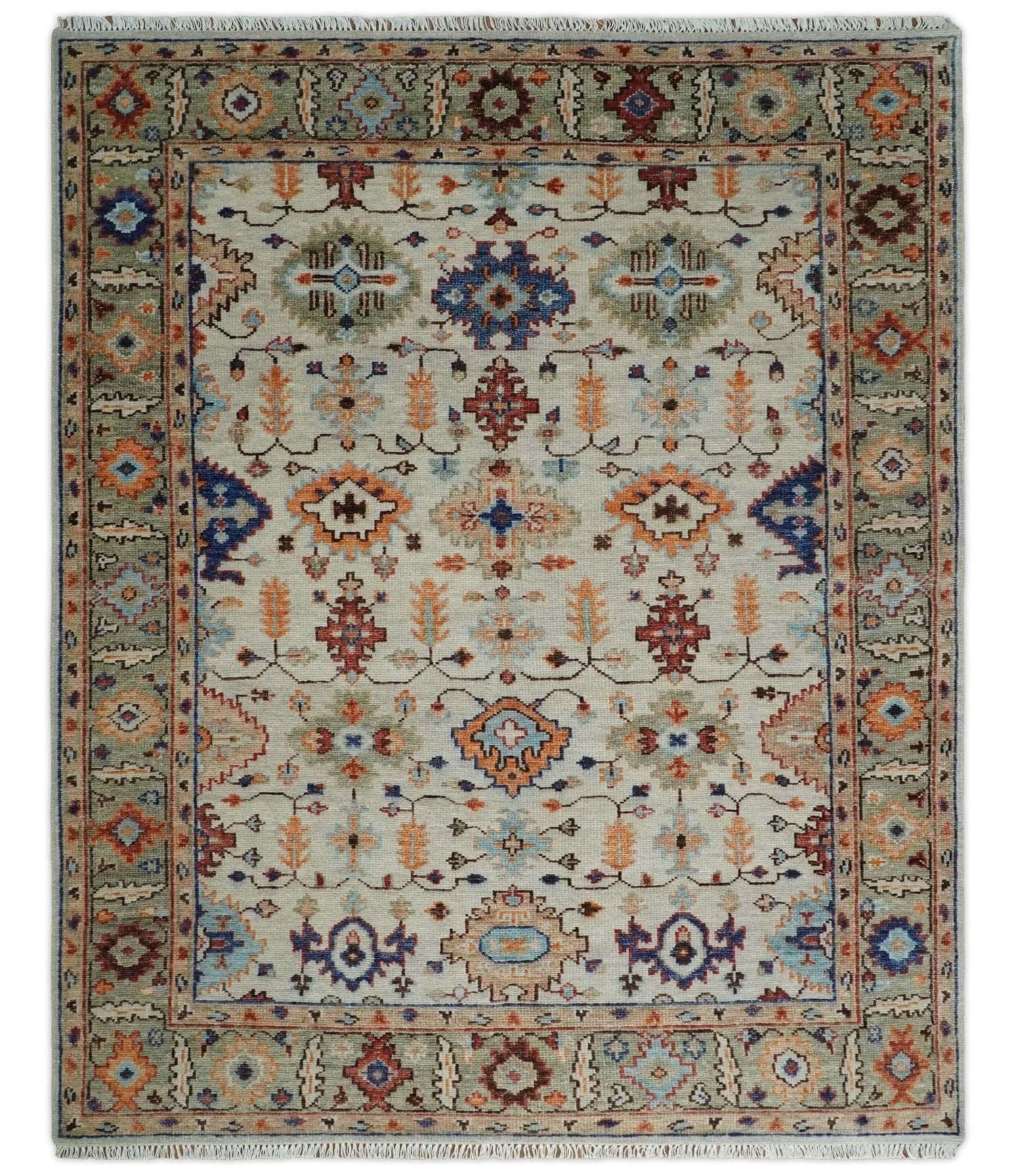 Turkish Knot Ivory and Green Colorful Traditional Multi Size Hand knotted Oushak Rug