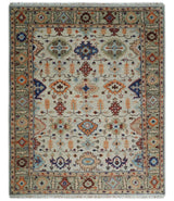 Turkish Knot Ivory and Green Colorful Traditional Multi Size Hand knotted Oushak Rug