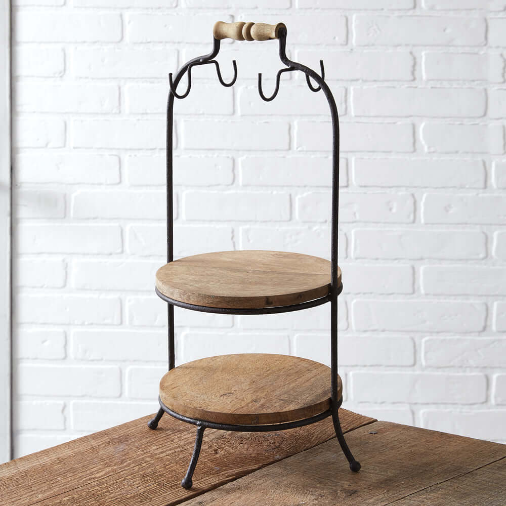 Two-Tier Wooden Serving Stand with Hooks-Serving Stand-Parc Decor