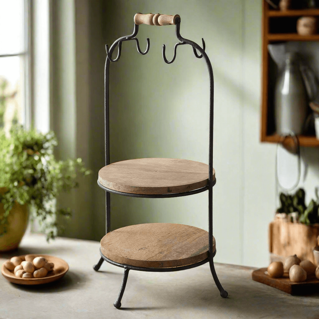 Two-Tier Wooden Serving Stand with Hooks-Serving Stand-Parc Decor