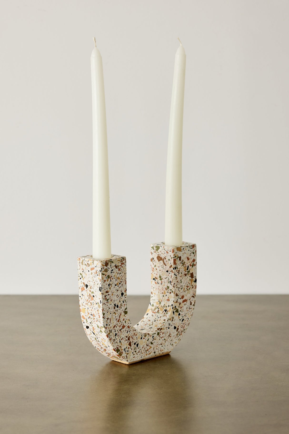 U-shaped Neutral Terrazzo Taper Candle Holder-Décor-Parc Decor